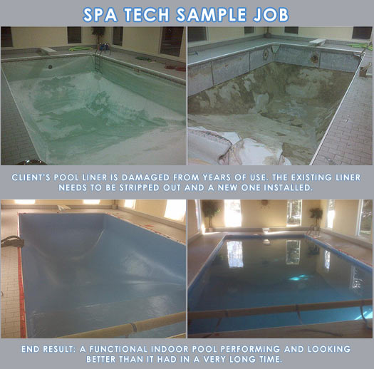 Photographs of a sample job. This Calgary pool owner had a bad lining. So we stripped the existing liner and repaired it with the correct level of attention required. Now their pool is in perfect condition