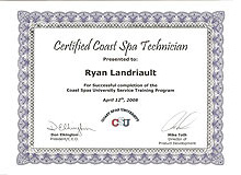 Our Hot Tub, Spa and Pool Servicing Certifications | Our certification as a Certified Coast Spa Technician
