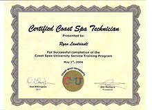 Our Hot Tub, Spa and Pool Servicing Certifications | Our certificate as a Certified Coast Spa Technician