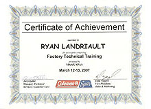 Our Hot Tub, Spa and Pool Servicing Certifications | Our certificate of achievement from Coleman in factory technical training